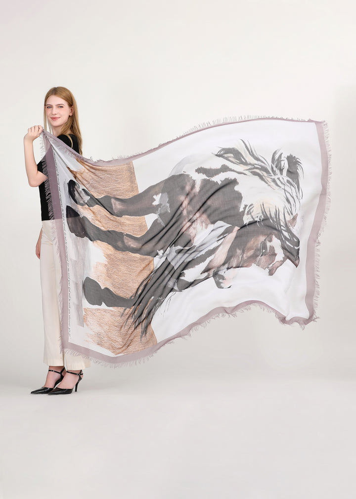 Foulard Le Cheval beige en soie et modal